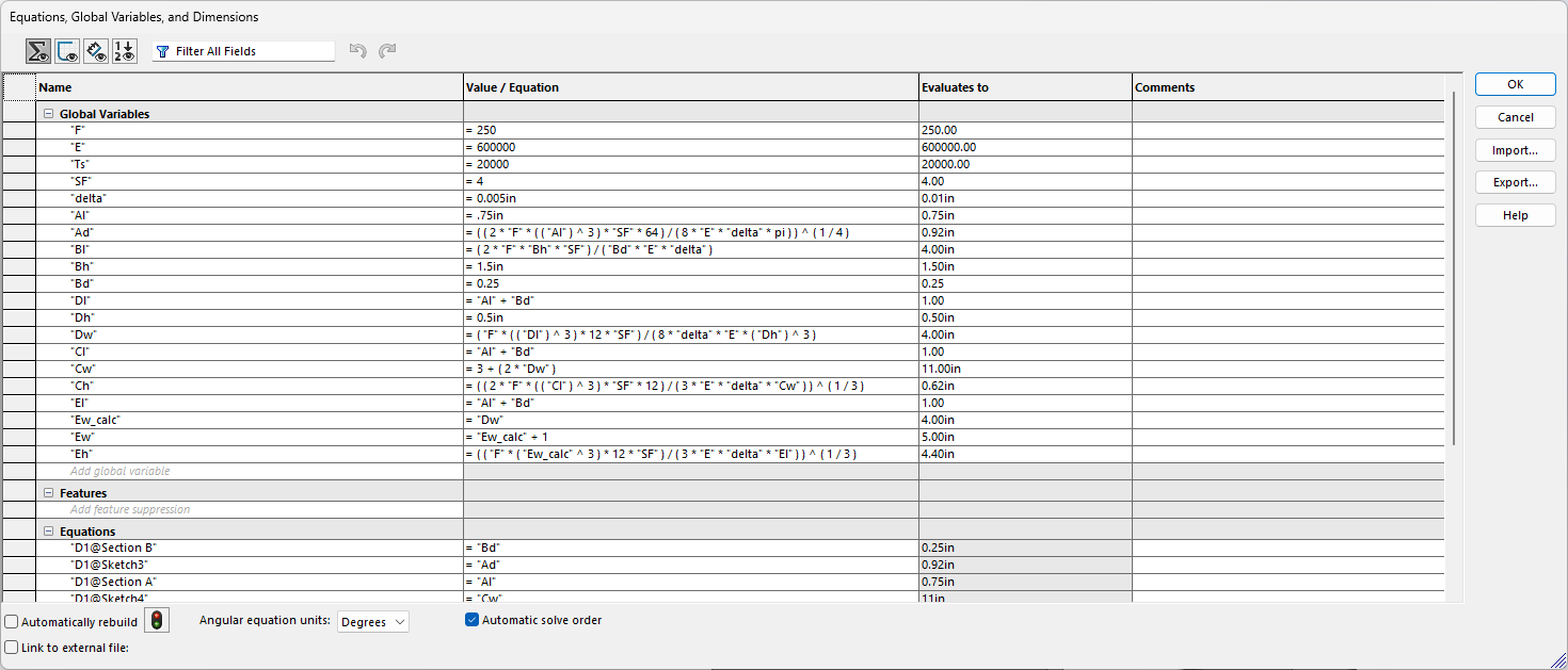 SolidWorks Model Equations